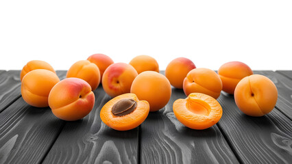 Vibrant fresh apricots with one halved showing the pit on dark rustic wood