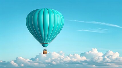 Obraz premium Vibrant Teal Hot Air Balloon Soaring Above Fluffy Clouds in a Clear Blue Sky, Symbolizing Freedom and Adventure