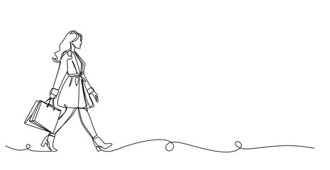 One continuous line design of a woman holding a shopping bag. simple linear style Editable stroke. Doodle vector illustration
