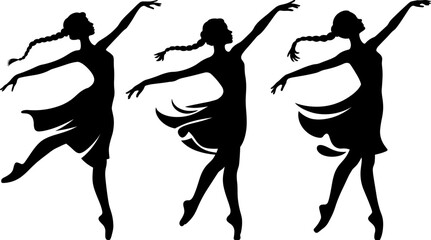 Three black silhouette ballerinas in graceful poses on white background ballet dance © MstRezia
