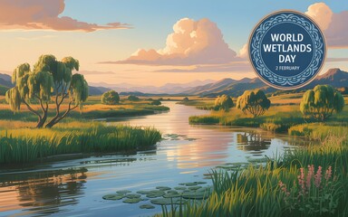 Serene wetlands landscape with world wetlands day emblem at sunset