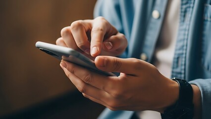 Close-up of unrecognizable hands holding a modern mobile phone, scrolling through an application or browsing the internet