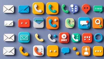 Collection of diverse communication icons, including email, phone, chat bubbles, and video call symbols, suitable for website or app design,  bubble,  alert