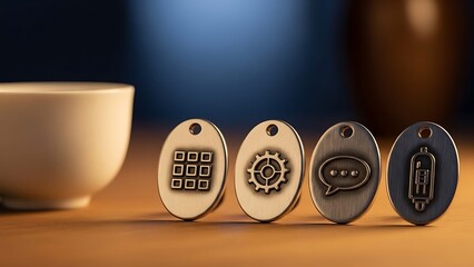 Collection of four metallic icons with various symbols, representing technology and communication, on a wooden surface next to a white mug
