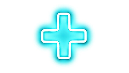 Obraz premium Vibrant glowing cyan neon plus sign symbol radiates modern medical or addition concept energy