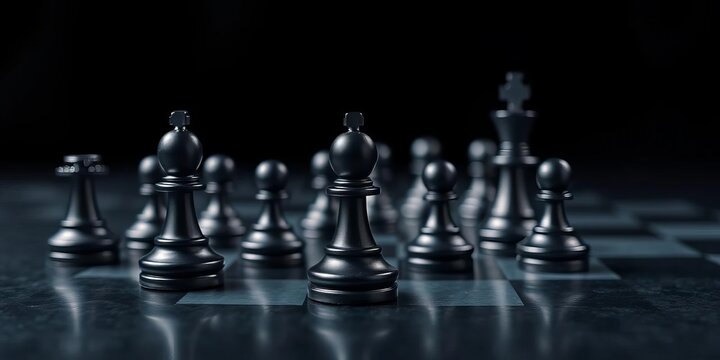 Close-up of black chess pieces on a dark surface,  chessboard,   contrast