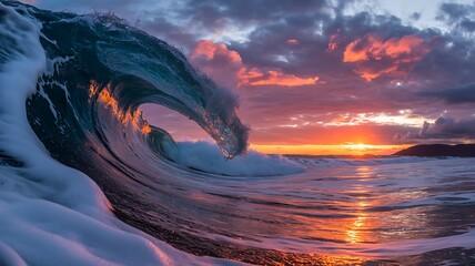Dynamic ocean wave illuminated by sunset