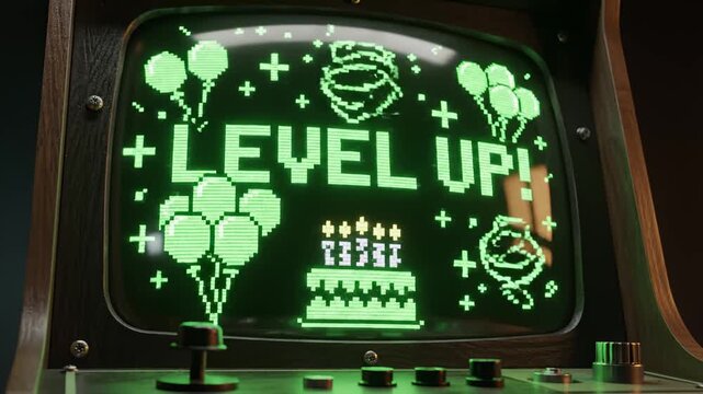 Vintage Arcade Game Displaying Level Up With Birthday Cake