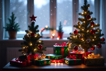 A festively decorated Christmas tree creates a warm and cozy atmosphere next to a blazing fireplace.