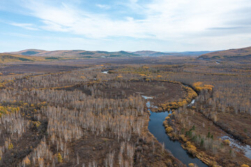 Aerial view of the autumn forest and river in the Shibawan scenic area of ​​Mohe, Greater Khingan Mountains.