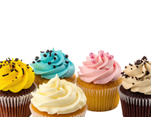 Close-up of five cupcakes with vibrant frosting, chocolate sprinkles, and muffin cups