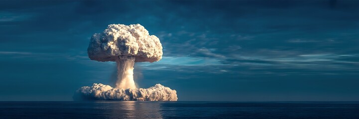 Mushroom cloud explosion over ocean blue sky