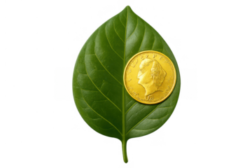 Green leaf with a gold coin representing environmental investment, sustainable finance, and economic growth with transparent background