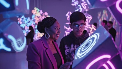 A woman and a young man in front of a glowing installation, interacting with a surface