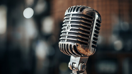 Vintage web browser microphone with detailed metallic grille and classic design, close-animated movie shot emphasizing texture and retro style in a studio setting