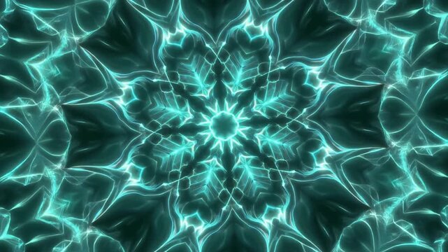 Abstract geometric Mandala Cyan background with symmetrical spiritual pattern and calming decorative motion design for meditation video backdrop yoga visuals digital art projects