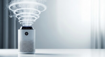 Fototapeta premium Cylindrical electronic purifier device actively cleans surrounding atmosphere with visible swirling air flow