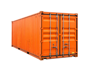 Large, bright orange shipping container, angled, isolated against black, shows door details