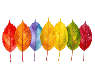 Watercolor painting showcasing seven stylized leaves in a rainbow of autumn hues with water droplets