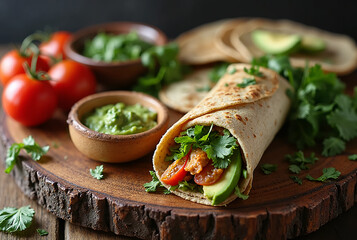 Delightful fresh wrap filled with vibrant vegetables and herbs served with sides of guacamole and cherry tomatoes