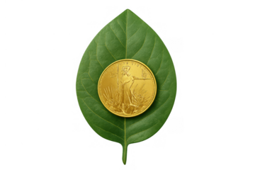 Gold coin resting on green leaf, symbolizing sustainable finance, eco-investing, green economy, and natural growth