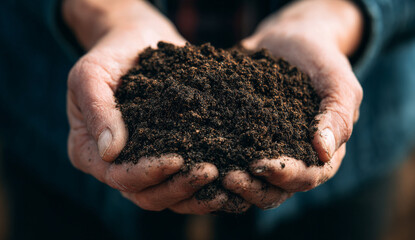 Weathered hands holding dark brown soil with rich texture and granular detail, showcasing natural earth elements and rough tablet device features