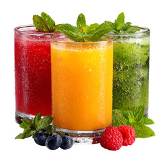 Three Colorful Fruit Juices with Fresh Mint Garnish 