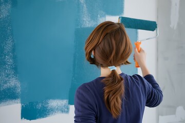 Woman paints interior wall with fresh blue.
