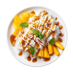 Traditional Thai dessert mango sticky rice with coconut cream drizzle, caramel sauce, and fresh ripe mango slices