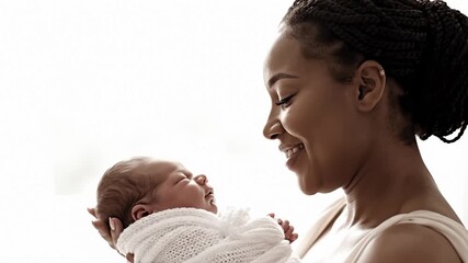 Mother Gazing Lovingly at Newborn Baby Wrapped in Blanket