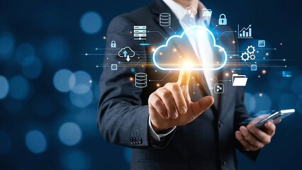 Cloud Computing Technology Businessman Interacting with Cloud Interface Data Management Storage Network IT Solutions