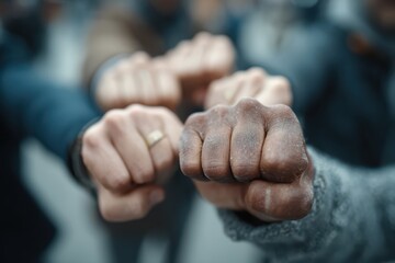 Diverse group of people bumping fists, symbolizing unity and teamwork