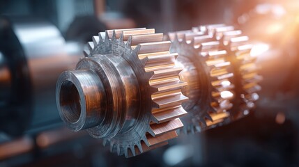 Precision machined metal gears rotate within an industrial setting under warm illumination