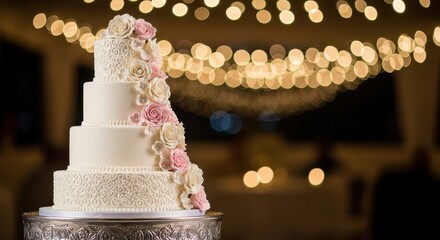 Elegant tiered confection adorned with cascading sugar roses stands against a backdrop of warm celebratory string lights