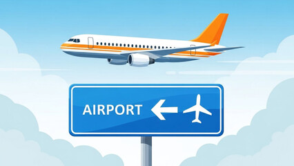 Flying toward the destination as a clear blue airport directional sign guides travelers through the bright sky