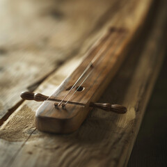 Rustic wooden string instrument on aged wooden table