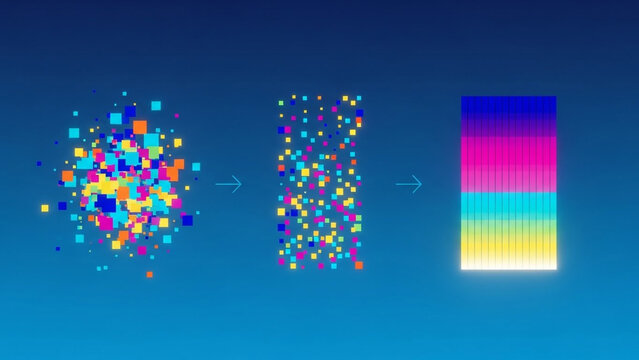 Dynamic process visualization showing chaotic data transforming into organized, vibrant color spectrum bars against a blue gradient