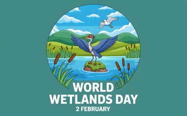 World wetlands day illustration with heron bird and lush landscape