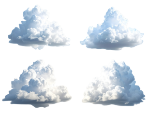 Four Layered Cumulus Clouds Stacked in Depth Perspective, Floating Formation, Isolated on Transparent Background