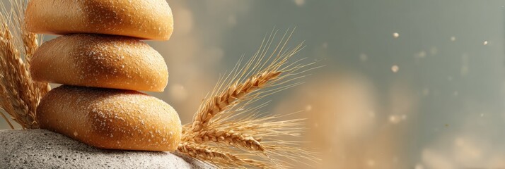 Obraz premium Gluten-free Bread Sits on a Stone With Wheat Stalks in a Bakery Setting and Soft Blur in the Background Highlighting the Bakery Atmosphere