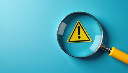 Magnifying glass focuses on bright yellow warning triangle with exclamation mark on blue background. Important sign shows critical alert, potential risk, serious problem, needing urgent attention.