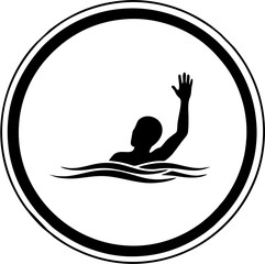 Drowning person icon silhouette in water with hand raised vector for safety and emergency signage