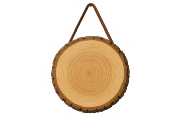 Wood slice hanging sign blank, showing natural wood grain and bark texture, perfect for rustic messaging on a transparent background
