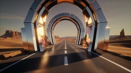 Discover uncharted paths with a chrome gateway in a desert landscape offering a modern, inspirational journey of endless possibilities