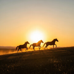 Three Horses Galloping Across a Hill at Sunset.