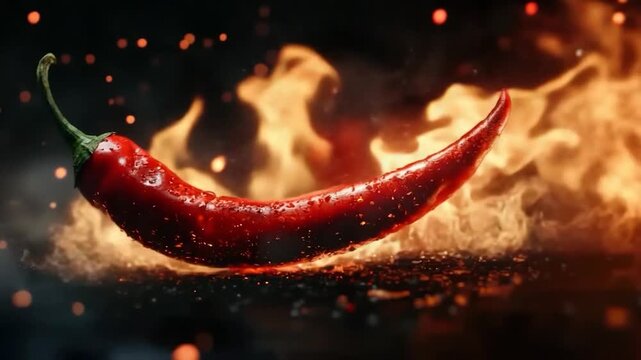 Red Chili Pepper Sizzling on Hot Pan with Flames and Sparks
