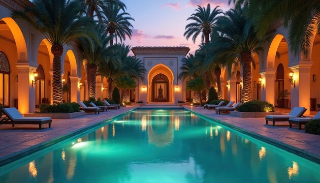 Elegant hotel pool with beautiful Arabian architecture, palm trees at dusk. Warm lights illuminate building arches, serene turquoise water. Luxury resort offers tranquil vacation stay experience for