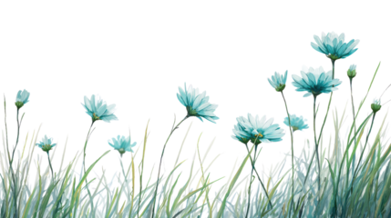 Teal daisies blossom through verdant grass with fresh spring light creating vibrant fantasy floral meadow scene isolated on white background
