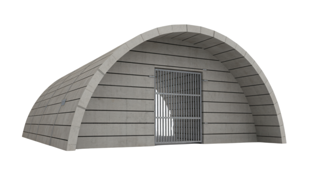 Secure concrete bunker with barred door offers protection and security in a modern, minimalist design for survival, defense, and privacy - Powered by Adobe
