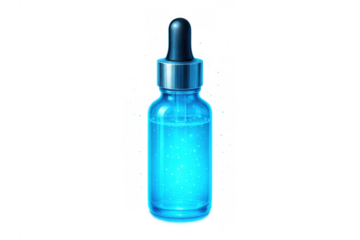 Blue cosmetics serum dropper bottle glowing with active ingredients, skincare liquid product on transparent background